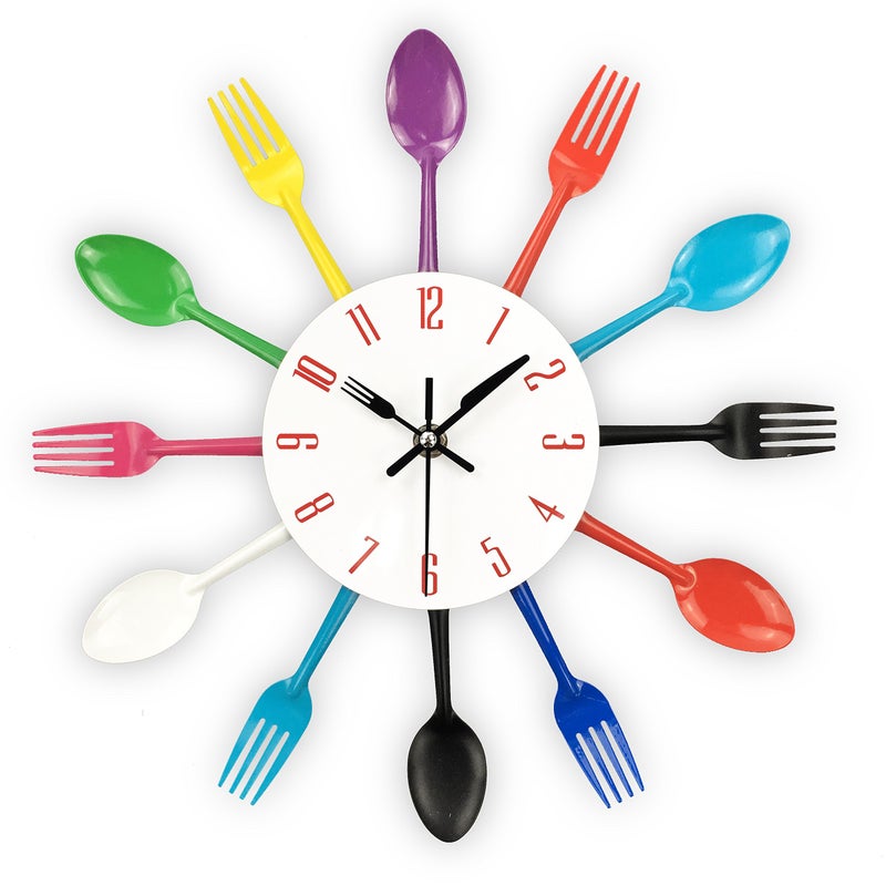 Timelike Kitchen Wall Clock, 3D Removable Modern Creative Cutlery Kitchen Spoon Fork Wall Clock Mirror Wall Decal Wall Sticker Room Home Decoration (Colorful) - Image 1